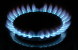 Blue gas flame from a gas hob ring when lit